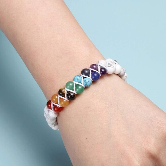 White Turquoise Crystals Yoga Stone Bead Chakra Relax Bracelet for Womens Mens - Picture 2 of 8